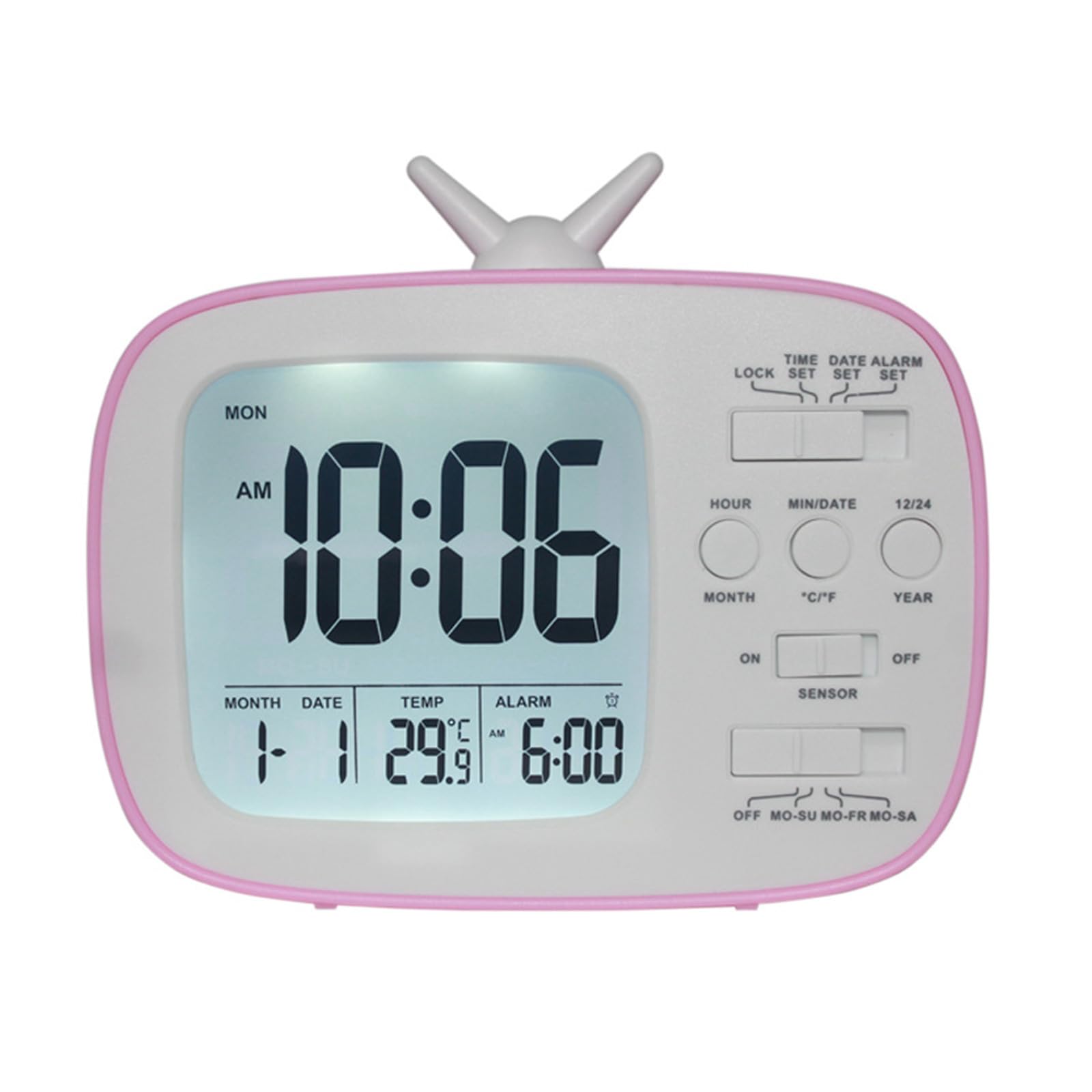 Msioytog Shape Light Sensitive Digital Alarm Clock with Calendar and Temperature Display Battery Operated Clock