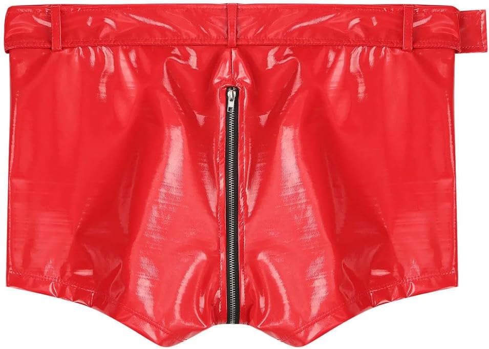 Men Glossy Shorts Trunks Dance Night Club Bottoms Wet Look Pu Leather Zipper Crotch Underwear Short Pants