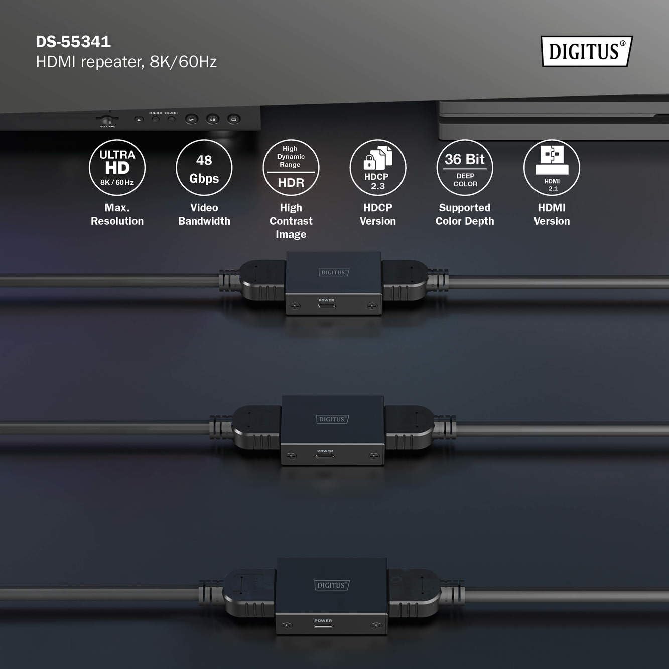 DIGITUS DS-55341 Repeater HDMI - UHD 8K/60 Hz (7680 × 4320p) maks. 10 m - UHD 4K/60 Hz maks. 13 m - Wzmacniacz sygnału, HDMI 2.1, HDCP 2.3, Deep Colour, DTS, Dolby Digital, LPCM - Zasilanie: USB-C