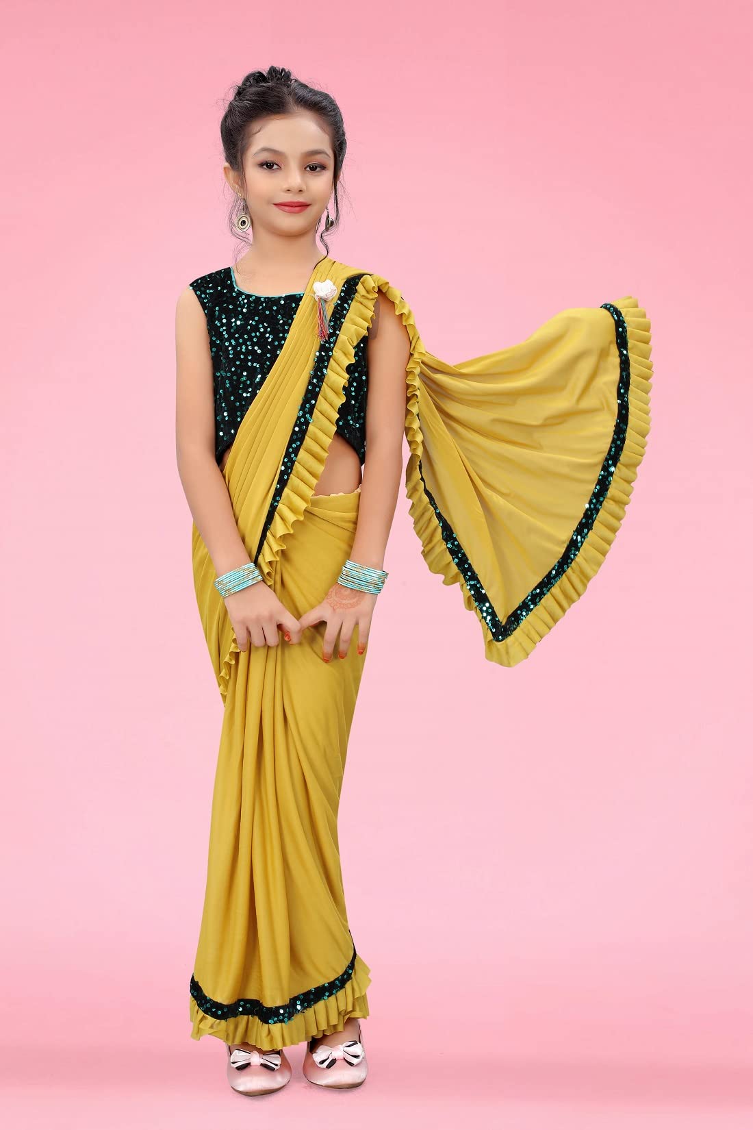 Dhyey fashion Girl's Lycra Blend Ruffle Saree and Velvet Unstitched Blouse Piece | Readymade Saree For Girls | Girl Ruffle Yellow Saree 6-7 Years M - Image 4 thumbnail
