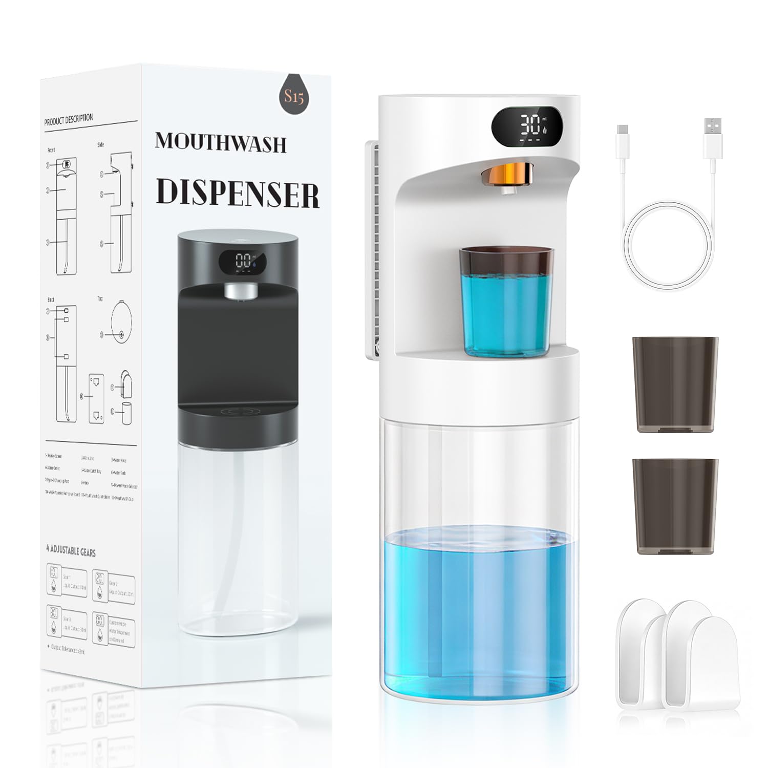 Distributore automatico di collutorio per bagno, 2000 mAh, erogatore elettrico touchless per collutorio con tazze magnetiche, dispenser da parete da 590 ml, dispenser collutorio per bambini e
