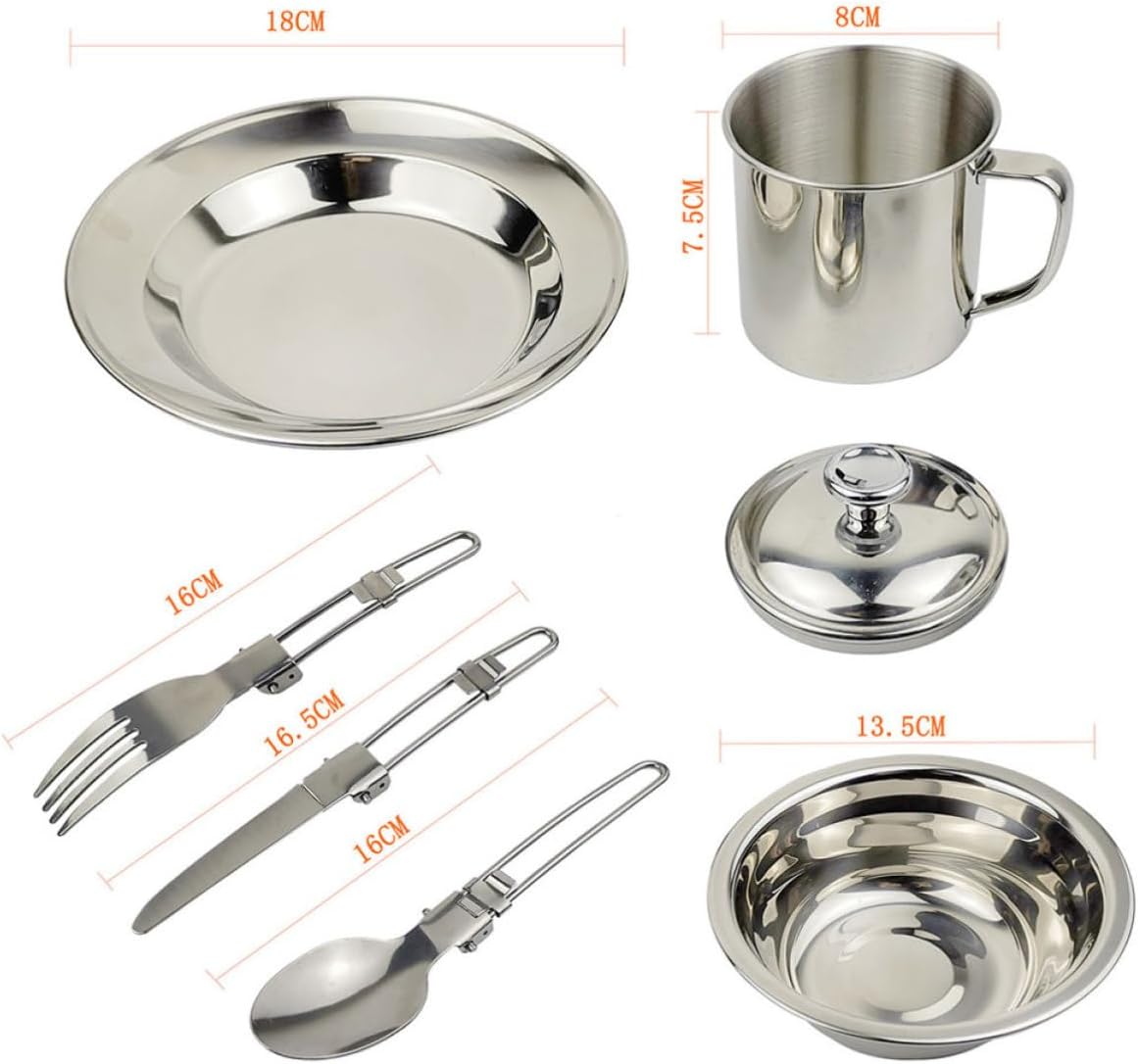 Portable Compact and Light Stainless Steel Camping Cookware Set with Smooth Edge and No Hand Injury Features for 1-2 Persons Picnic and Hiking Mess Kit