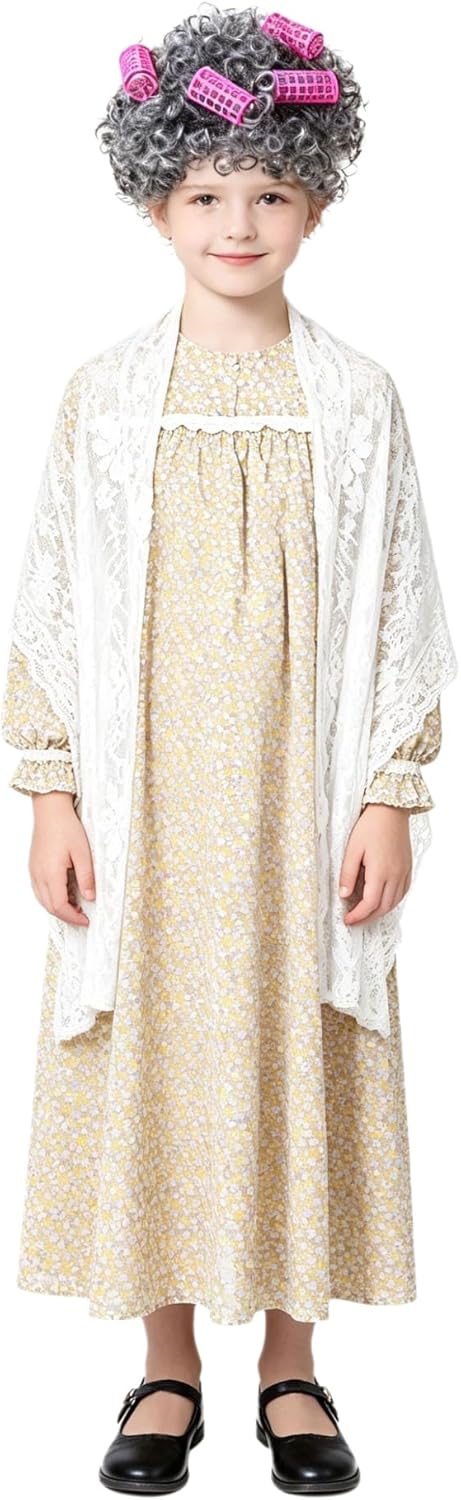 Girls Grandma Dress with Lace Shawl 100 Day School Cosplay Costumes Halloween Role Playing Performance Outfits White 10 Years