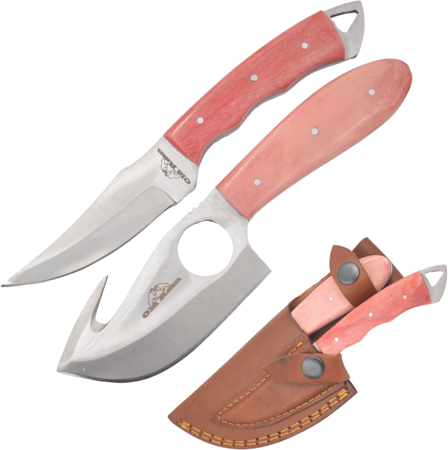 Handmade 2-Piece Camping Hunting Outdoor Skinner Knife Set (Pink Bone)