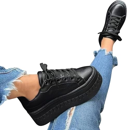Hbeylia Zapatos deportivos de plataforma para mujer, con cordones, parte inferior gruesa, tacones altos, transpirables, cerrados, puntera redonda,