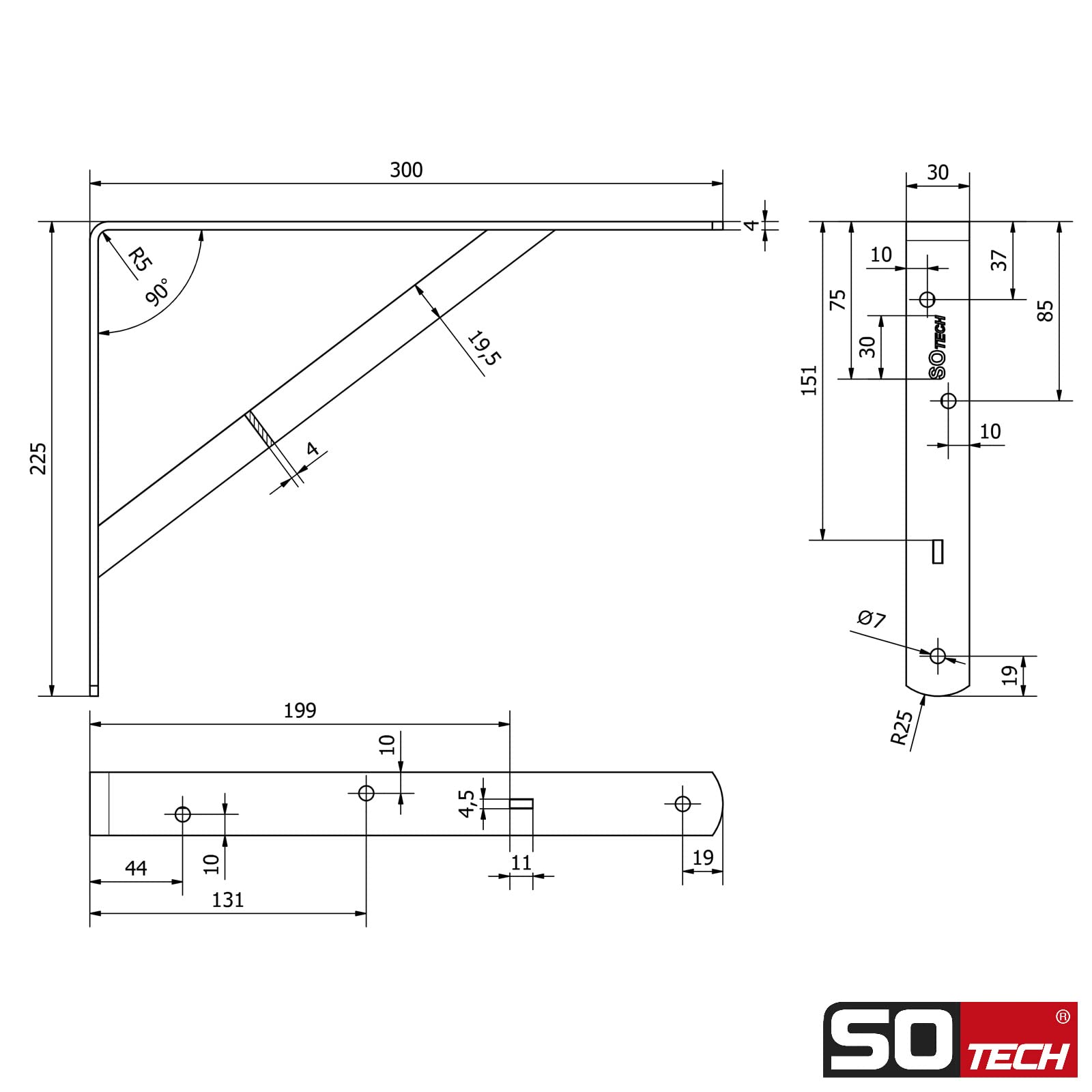 SOTECH Juego de 10 Soportes de estantería 300 x 225 x 30 mm, negro