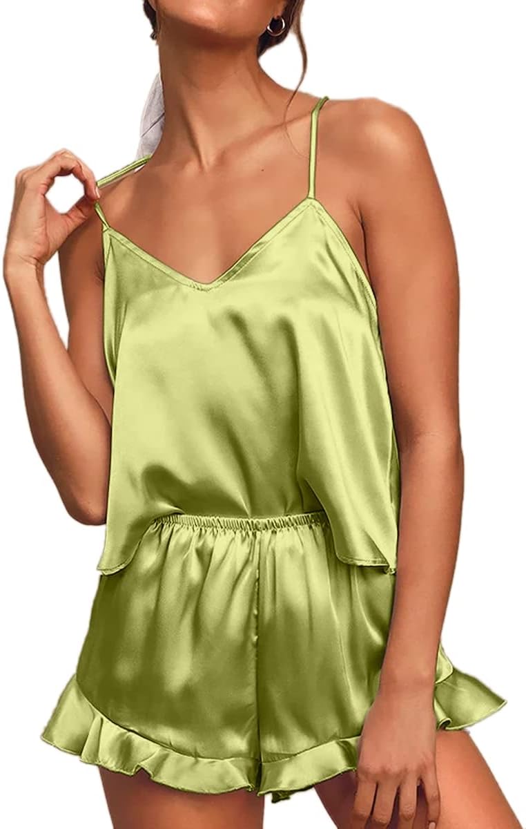 CHYRII Women's Sexy Silk Satin Ruffled Pajamas Sets Cami Shorts Sets Sleepwear - Image 4