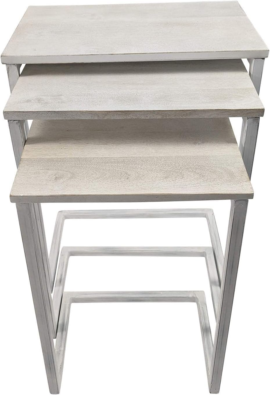 Carolina Chair & Table Rectangular 3-Piece Nesting Table Set - Whitewash Wooden Top Alloy Steel Frame Space-Saving Furniture, Modern Accent Tables for Living Room and Bedroom (Whitewash)