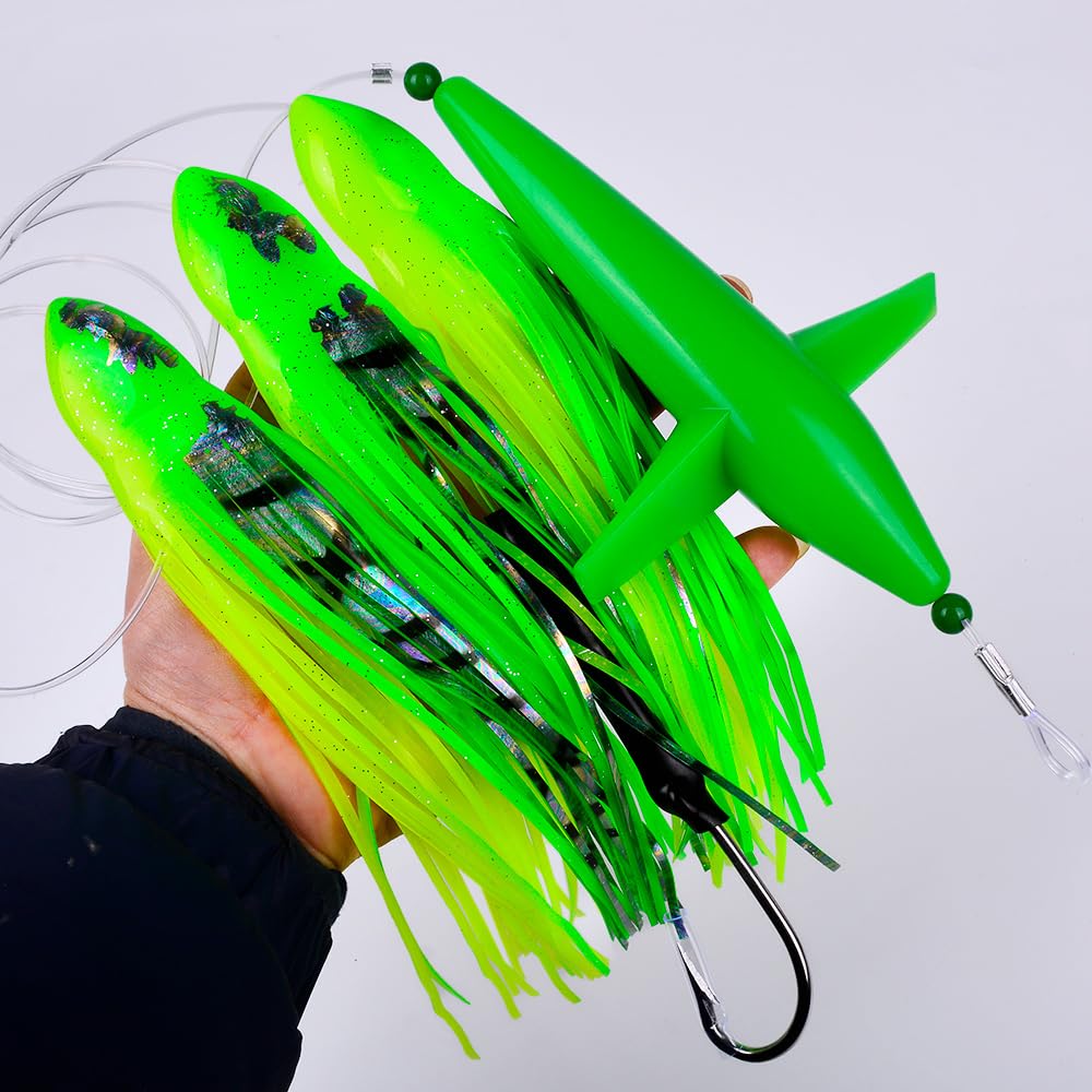 Vogel-Teaser Kettenköder Schleppköder – Big Game Teaser Salzwasser Offshore Thunfisch Mahi Wahoo Voll Rigged Bulb Squid Teaser Trolling Angelköder mit Netztasche