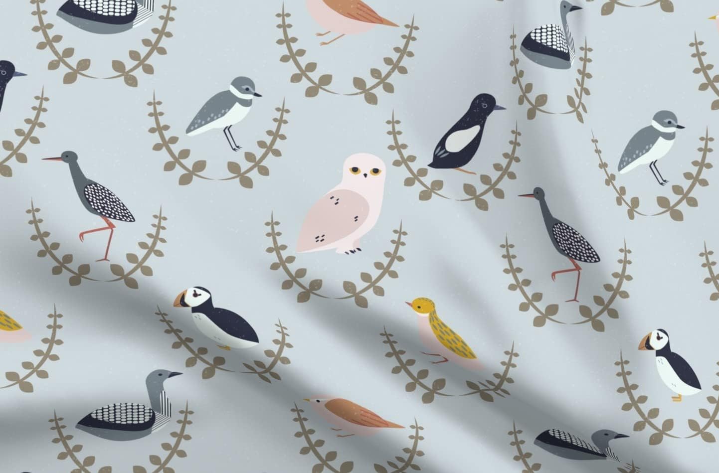 Spoonflower Fabric - Scandinavian Birds Scandi Gender Neutral Whimsical Arctic Puffin Owl Printed on Petal Signature Cotton Fabric by The Yard - Sewing Quilting Apparel Crafts Decor
