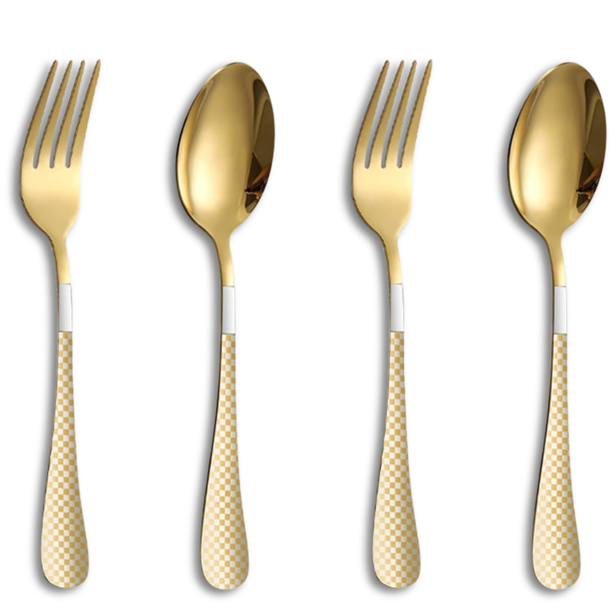 KitchAntique Aurum Gold 4-Piece Cutlery Set – 2 Tablespoons & 2 Dinner Forks (8.1") with Checks Printed Handles, Durable