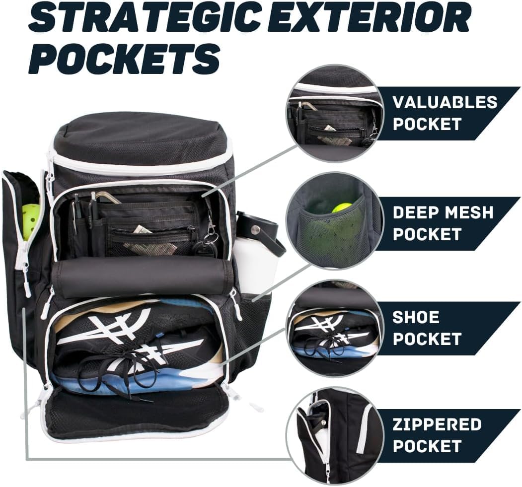 Pickleball Bag for Men and Women - Fits 2 to 4 Paddles - Shoe Compartment, Fence Hook, Storage Pockets for Water Bottles, Pickleballs, Clothing, Racquet/Paddle Storage - Pickle Ball Backpack