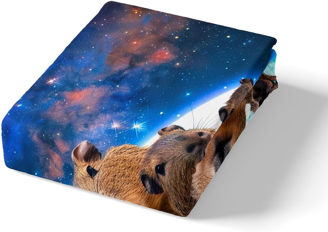 Funny Cute Capybara Bed Sheet Set Galaxy Capybaras Fitted Sheet Cartoon Capybara Bedding Set Kawaii Bedroom Decor Capybara Bed Cover Queen Size with 2 Pillow Case