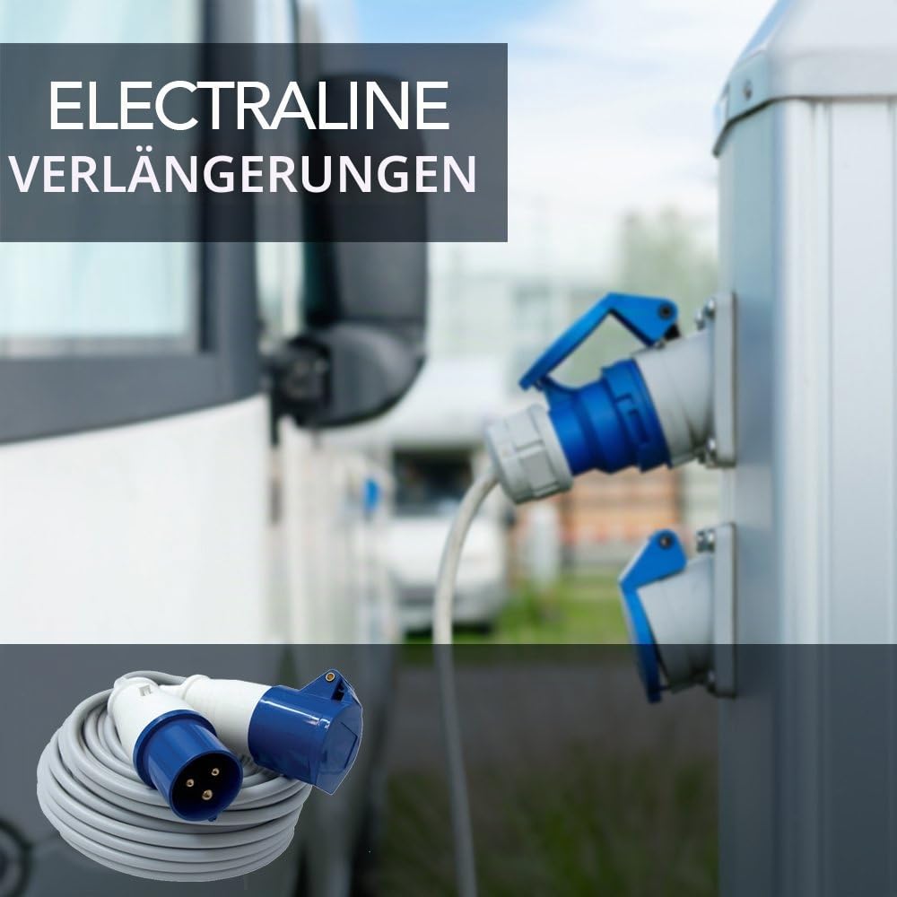 Electraline 46148 Verlängerung 20 mt Industriesteckdose IEC 3-poliger Stecker Geeignet für Camper, Camping, Caravan, Boot, Baustelle-Grau, IP40