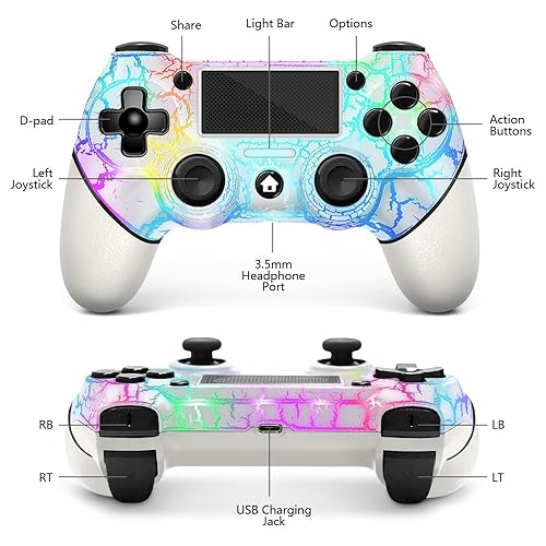 Miniatura 2 de AceGamer Wireless Controller for PS4, White Crack Custom Design with RGB Light,1000mAh Battery and 3.5mm Audio Jack, V2 Gamepad Joystick Compatible