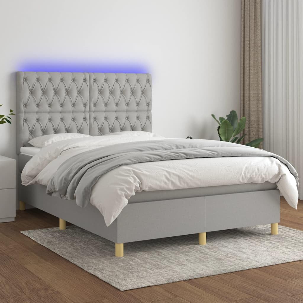 3135669 łóżko kontynentalne z materacem i materacem LED, łóżko tapicerowane, kolor jasnoszary, 140 x 190 cm