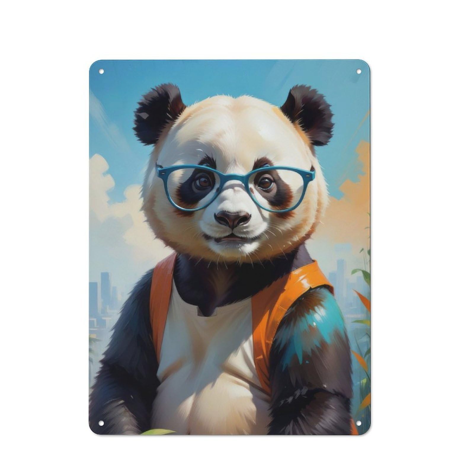 Junmoney Cute Panda Oil Painting Metal Wall Sign 40X30cm Featuring For Hallway Wall, Suited To Wall Display Collectors