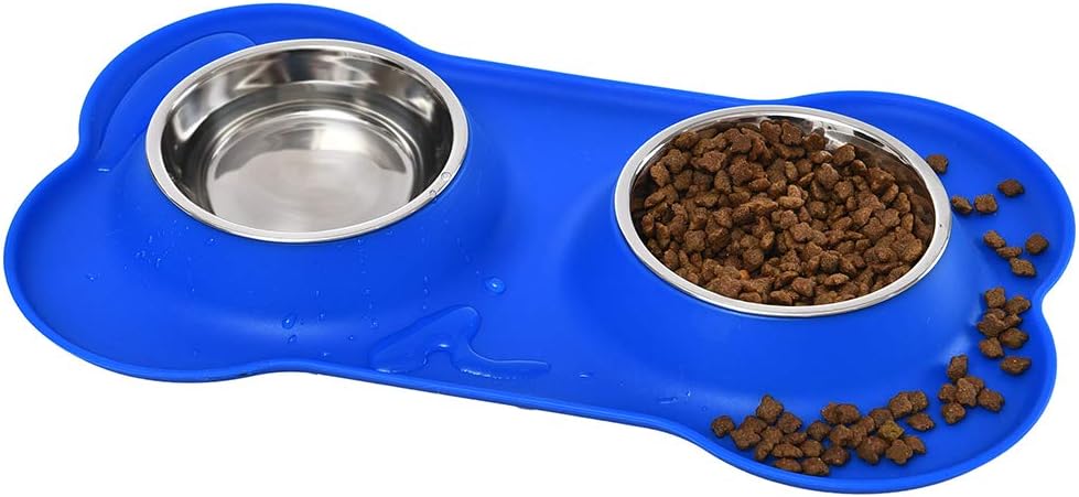 Amazon Basics Dog Bone Shaped Silicone Pet Food and Water Bowl Combo, Blue