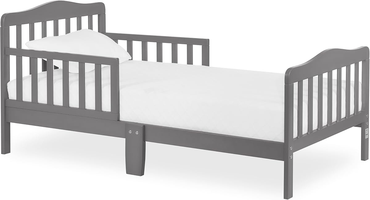 Cama infantil de diseño clásico, GREENGUARD dorado, gris acero | Diseño curvo Slatterd, cama baja hasta el piso, 2 barandillas de seguridad, marco de madera resistente, límite de 50 lb, verificación BSA