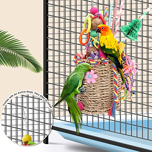 YIXUND Bird Foraging Toys, Seagrass Basket Bird Toy for Small Medium Parrot Birds (Pattern A)