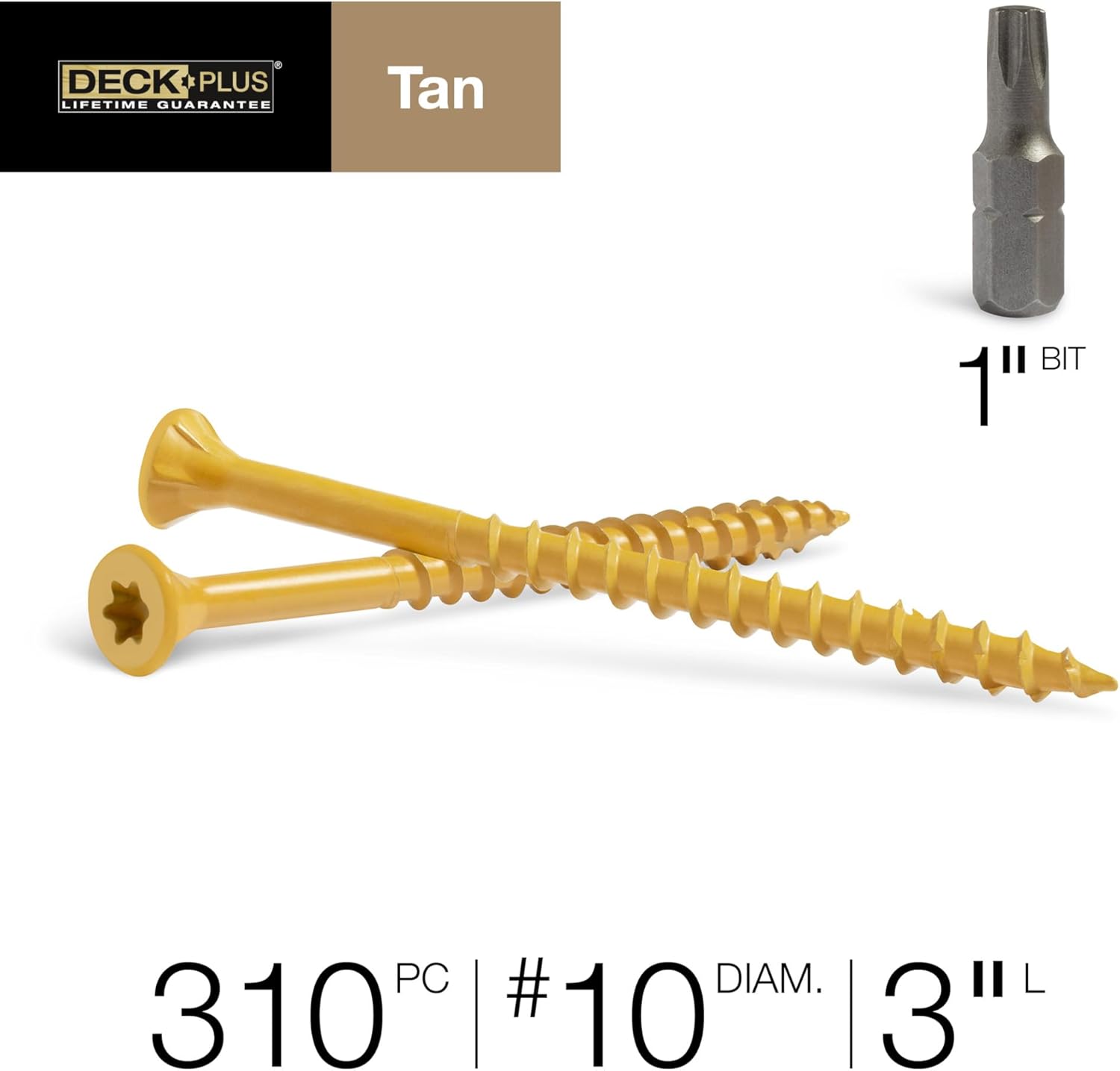 Deck Plus 3 Inch Epoxy Coated Exterior Wood and Fence Screws #10 x 3 Torx/Star Drive Included Coarse Thread, Outdoor Rust Resistant Decking Screw, Tan, 5 lb Box, 310 Pieces | 48419
