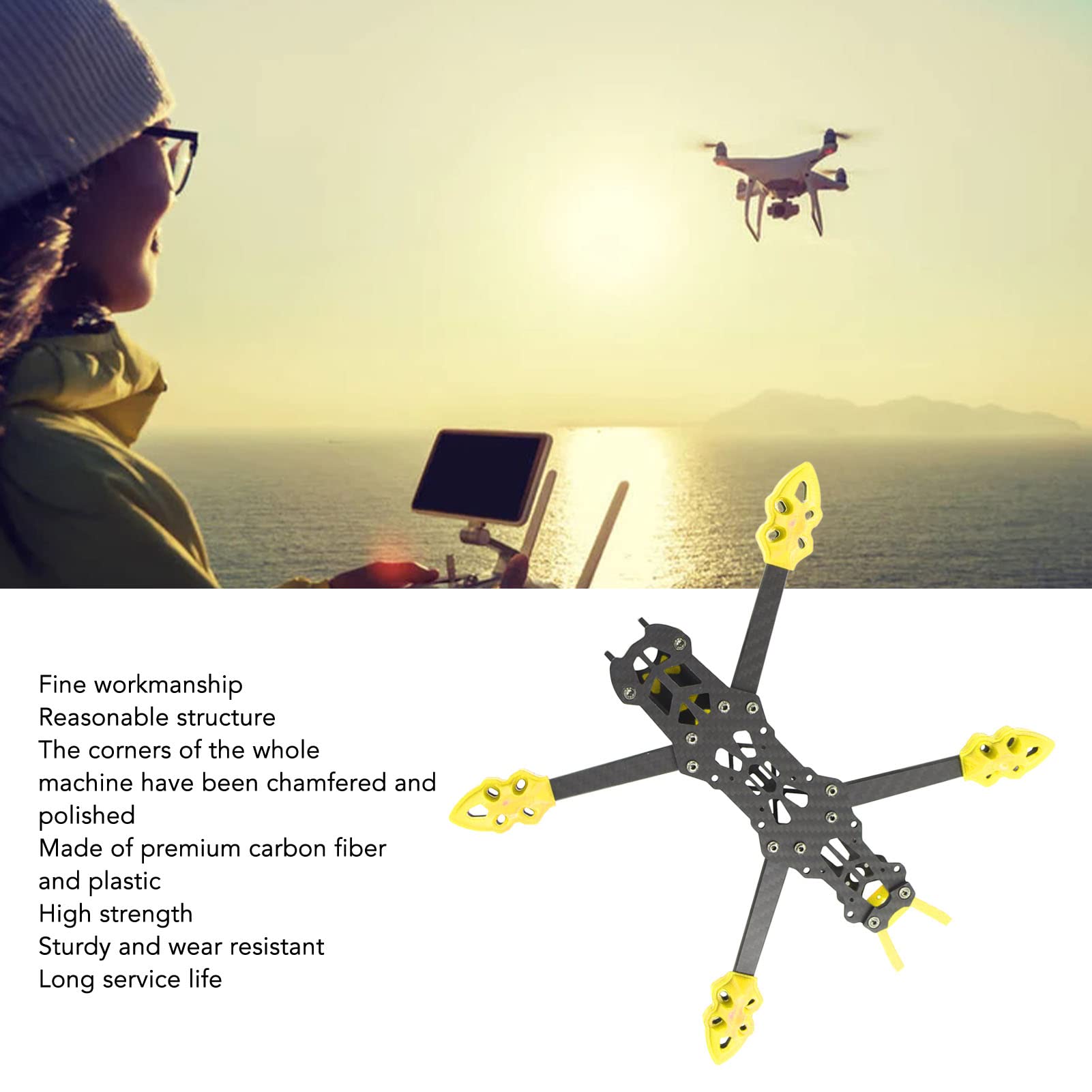 KENANLAN Quadcopter Rahmen Kit, FPV Racing Drohne Rahmen Professioneller 225mm Radstand Carbon Fiber Quadcopter Rahmen RC Drone Zubehör (Gelb)