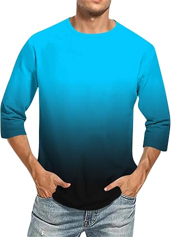 Mens Muscle T-Shirt Ombre 3/4 Sleeve Bodybuilding Gym Tee Fashion Performance Workout Tops Jersey Hipster Shirts