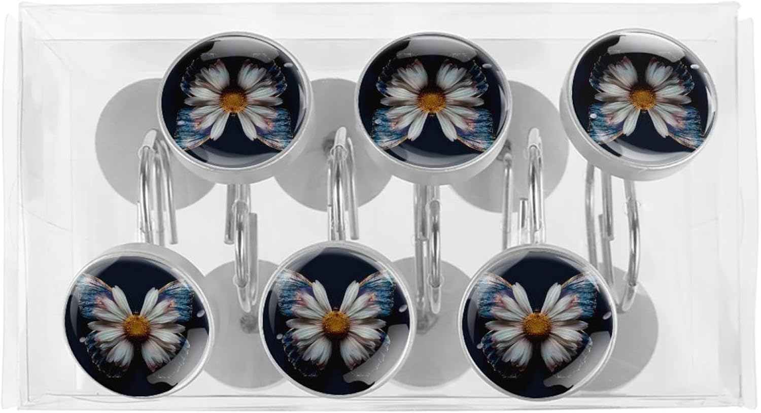 Daisy Butterfly (3) Shower Curtain Hooks,Set of 12 Shower Curtain Rings,Shower Hooks for Curtain Shower Rings,Rust Proof Metal Shower Hooks