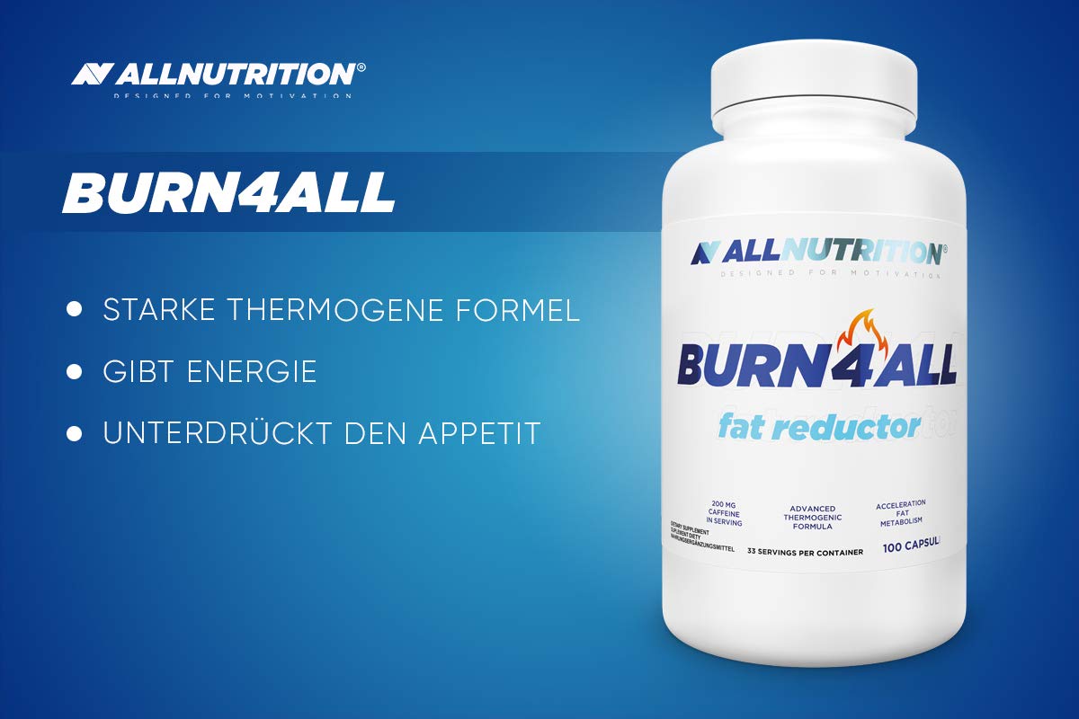 ALLNUTRITION Burn4all Fat Reductor L-Carnitin Sehr effektiver Körperfettabbau Bietet Energie Hemmt den Appetit Nahrungsergänzungsmittel Ohne Zusatzstoffe 100 Kapseln 33 Portionen