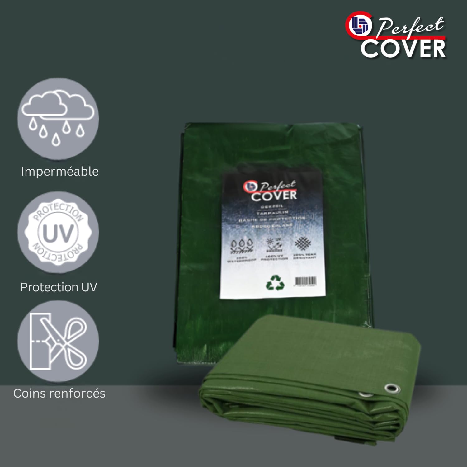 Bâche étanche Forte Perfect Cover Avec Oeillets - Vert 3x4m - Résistante UV, Indéchirable, Pour Meubles, Piscine, Voiture