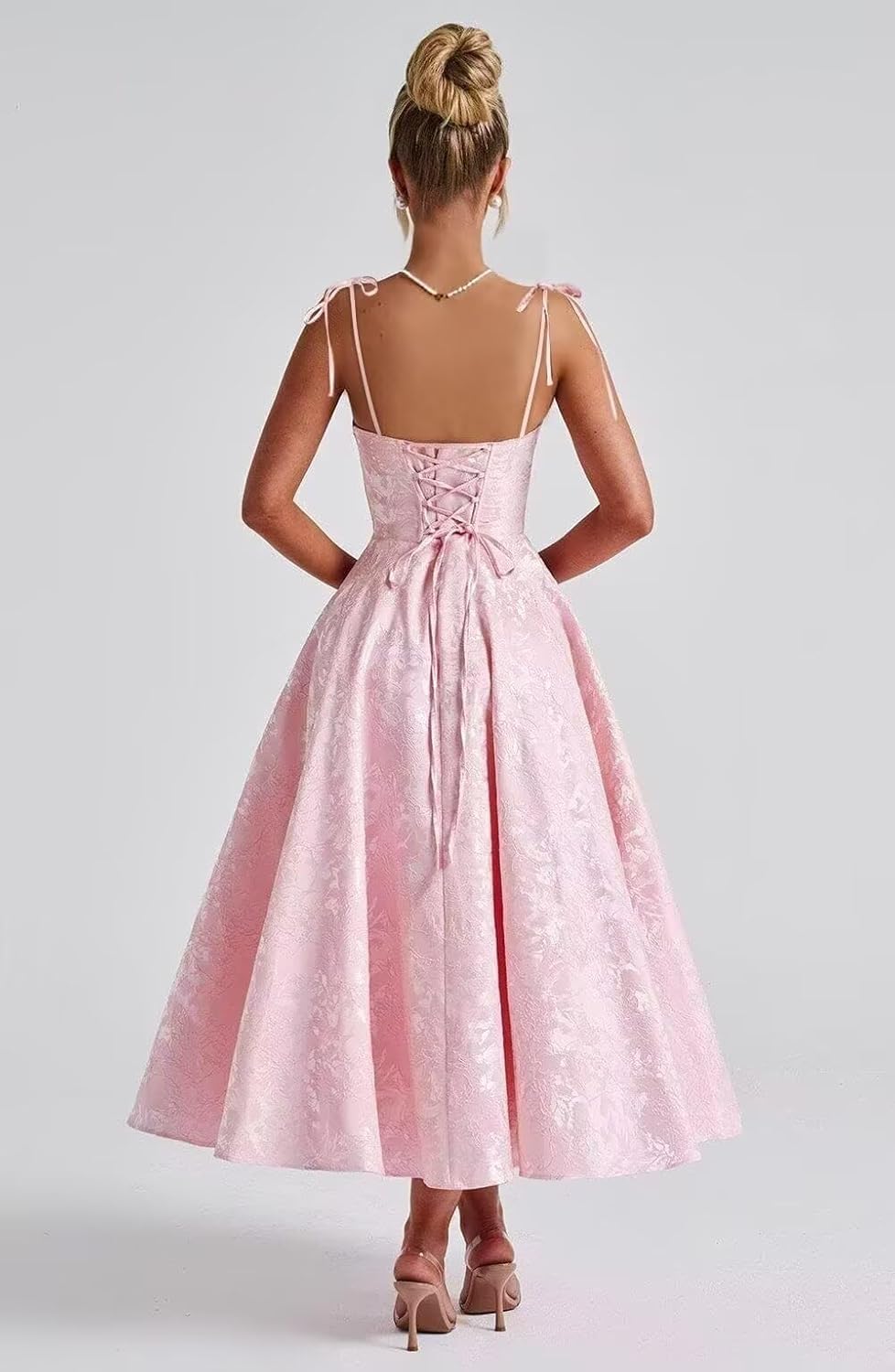 Floral Jacquard Satin Prom Dresses for Teens 2026 Spaghetti Straps Bow A Line Formal Wedding Party Gowns with Pockets