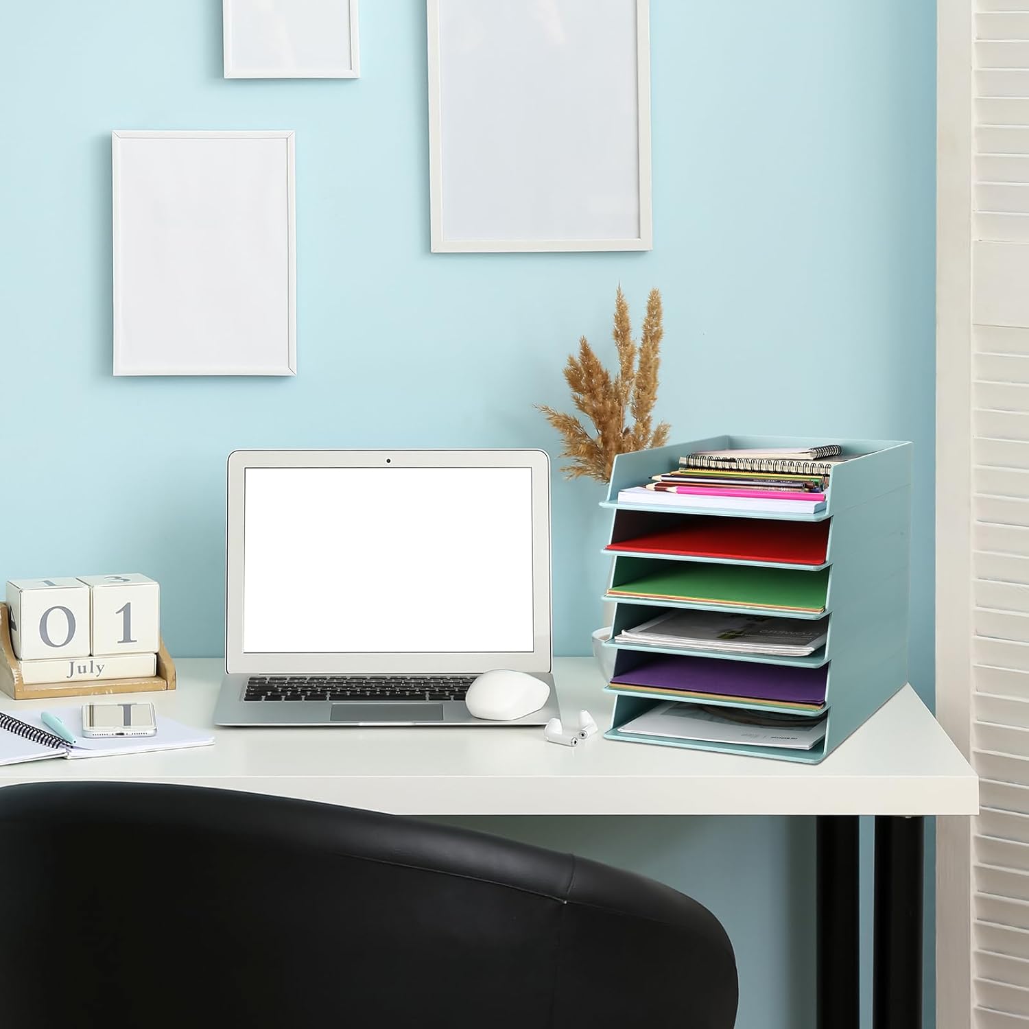 Tatuo 6 Pack Stackable Paper Trays Plastic Letter Tray Desk Organizer Paper Holder Organizer Storage Office Desk Accessories for Classroom Magazine File Documents 12.8 x 9.45 x 1.97, Blue Green