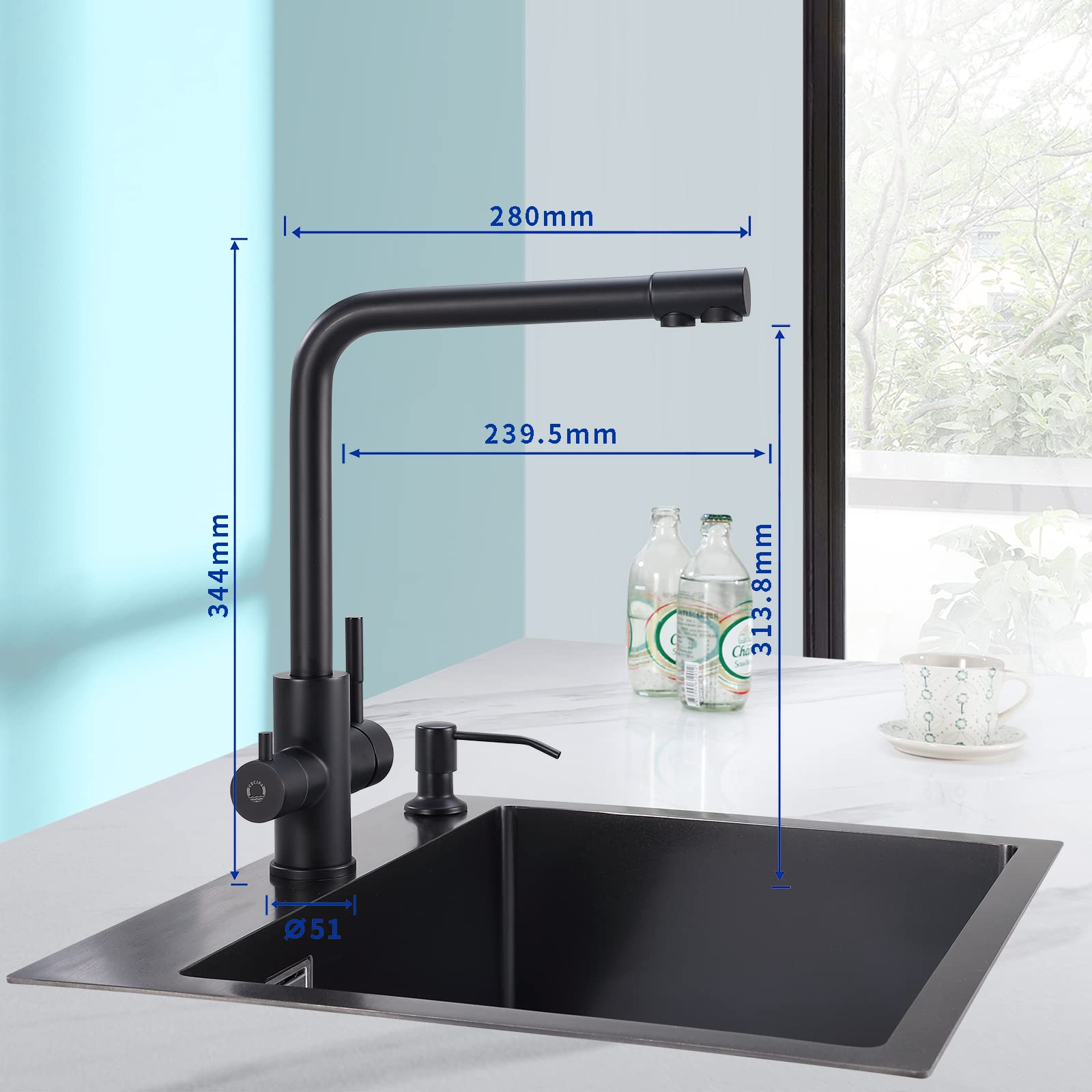 CECIPA Spülbecken Schwarz Anthrazit 60 * 45CM + 3 Wege Wasserhahn Küche, Spüle Küche mit Abtropfgestell und Siphon, Küchenspüle 1 Becken Eckig, Einbauspüle mit 2 HahnLöcher