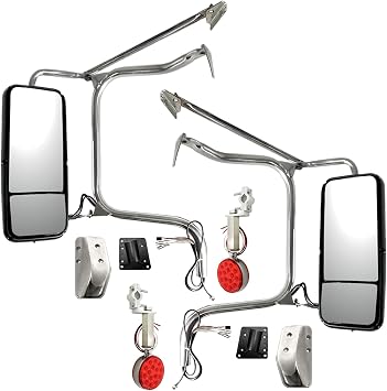 Door Mirror Power & Heated Stainless Chrome Cover with Bottom Mount Bracket & Cover Chrome & LED Marker light LH & RH Compatible with Peterbilt 335 340 357 382 385 386 325 330 348 388 389 365 367