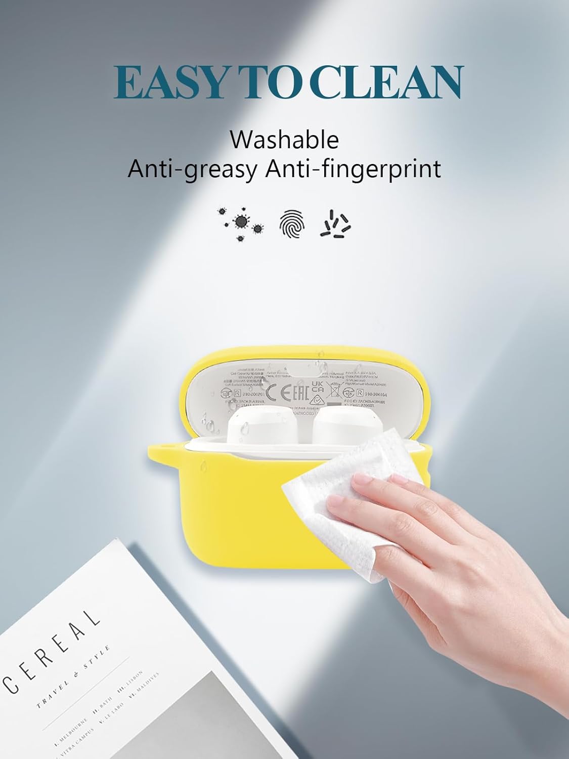 Case for Soundcore by Anker A20i/A25i Earbuds, WUNIAK Soft Silicone Protective Portable Scratch Shock Resistant Shell with Cleaner Kit & Carabiner & Lanyard ,Yellow - Image 5