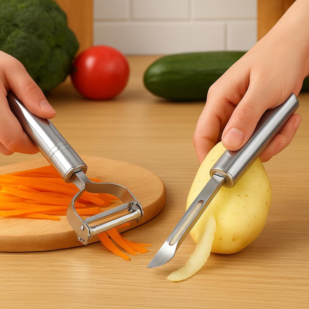 Kit Descascador e Ralador em Aço Inox 2 Peças Para Frutas Legumes Verduras Queijos e Batatas Corte Preciso e Durável Kit Descascador e Ralador em Aço Inox 2 Peças Para Frutas Legumes Verduras Queijos e Batatas Corte Preciso e Durável