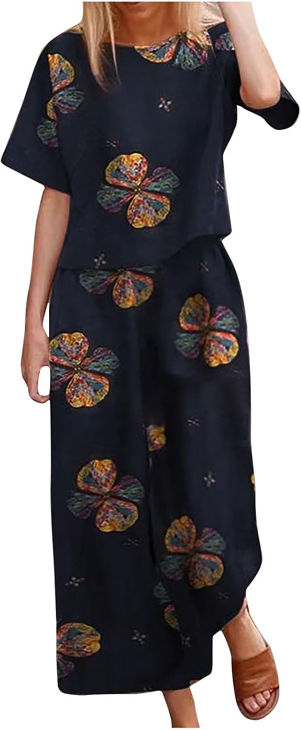 Womens 2 Piece Outfits Cotton Linen Short Sleeve Crop Top and Wide Leg Pants Summer Boho Print Beach Lounge Matching Set