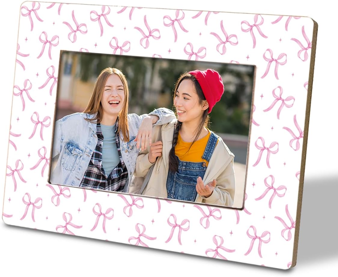 Pink Bow Picture Frame, Cute Girly Ribbon Pattern Decorative Photo Frame, Fitting a 4x6 Inch Photo, Display on Table Top Desk, Friend Sister Besties Gift