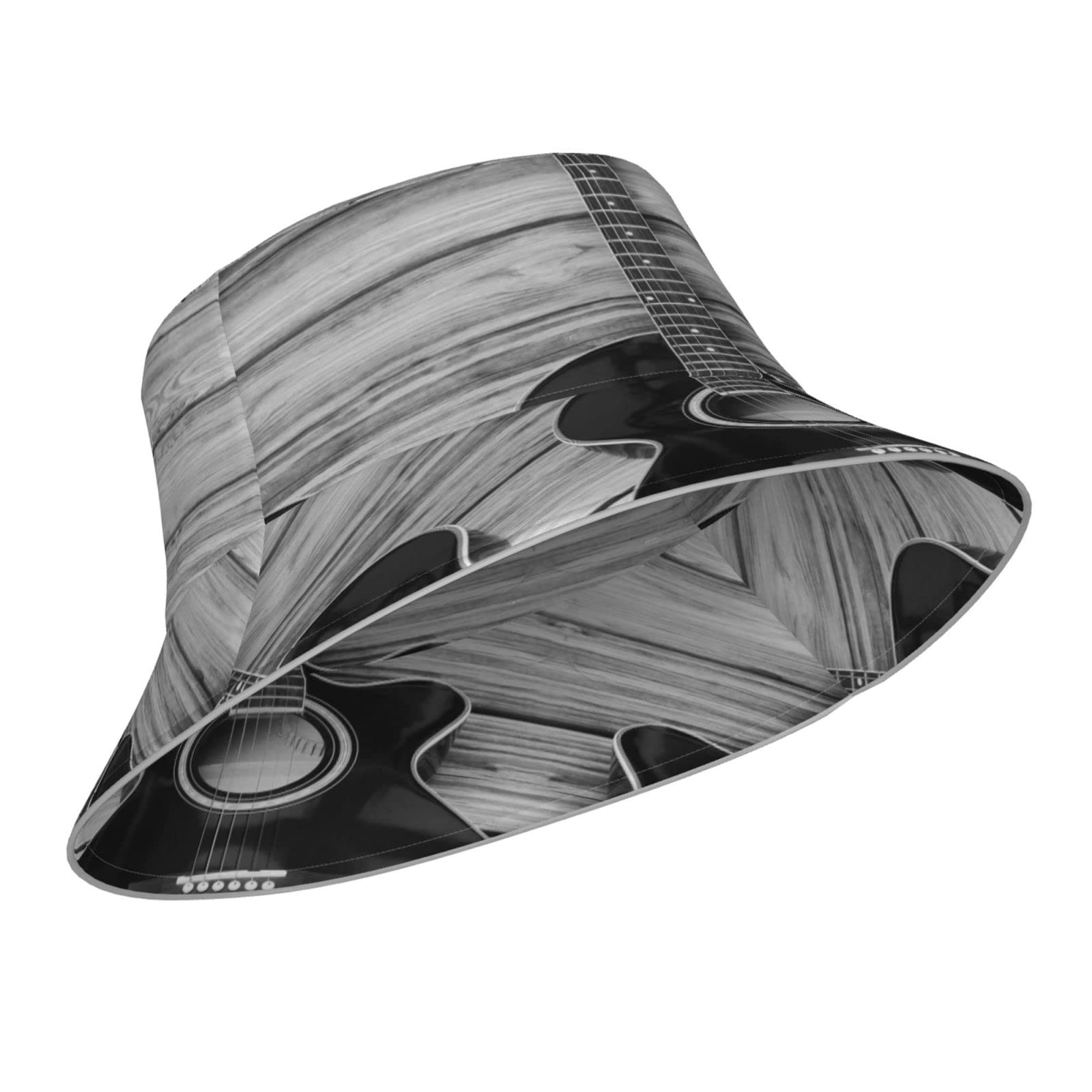 Yingd Unisex #716 Bucket Hat Vintage Guitar Printed Reflective Striped Fisherman Hat Beach Sun Hats For Women Men Black