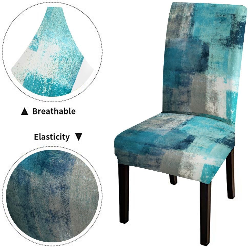 TOMWISH Dining Chair Covers Set of 6, Turquoise and Grey Teal Stretch Chair Covers Washable Spandex Parsons-Chair-Slipcovers Removable Seat Protector for Living Room Kitchen Dining Desk Party Office