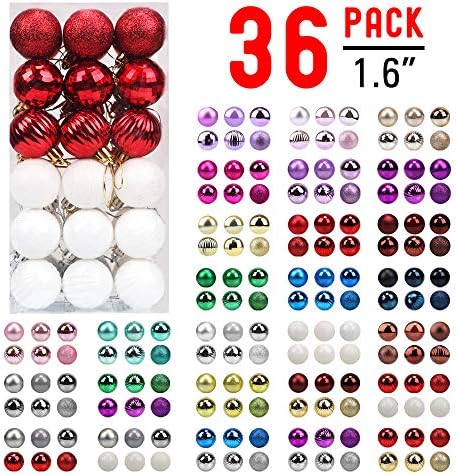 walsport Christmas Balls Ornaments for Xmas Tree, 36ct Plastic Shatterproof Baubles Colored and Glitter Christmas Party Decoration 1.6inch Set (Red & White)