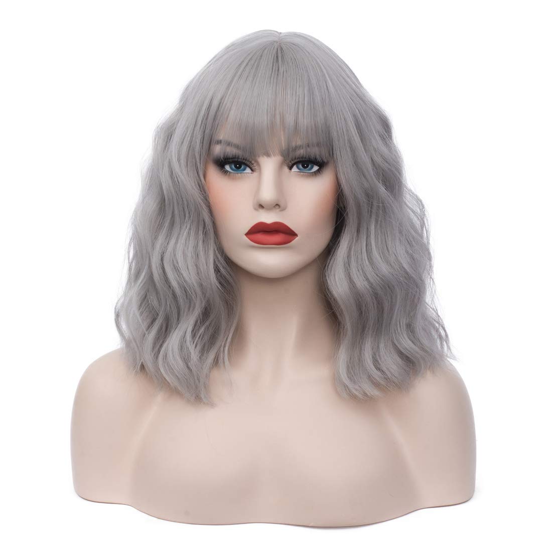 14" Short Bob Gray Green Ombre Yellow Wavy Curly Bangs Wig Air Bangs Shoulder Length Women's Charming Synthetic Wig for Cosplay Party Anime Costume+Wig Cap (Gray Green Ombre Yellow)