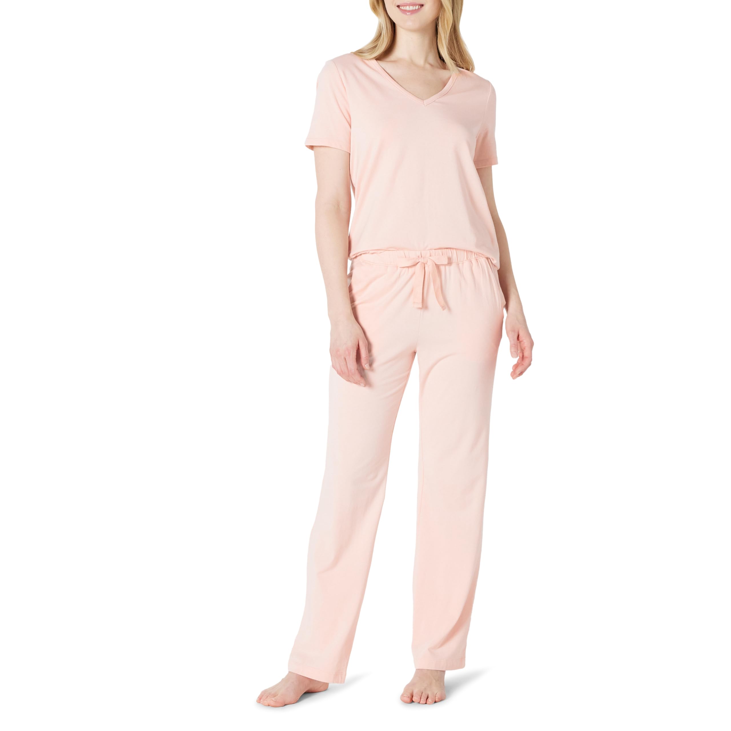 Amazon Essentials Women's Short Sleeve Soft Cotton Blend T-Shirt and Pant Sleepwear Set, Light Pink, Large