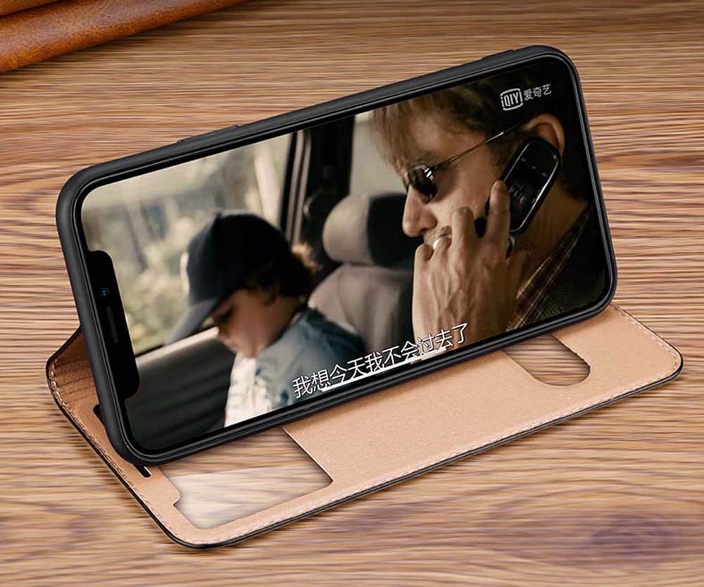 KANUZ Étui de téléphone à rabat pour Apple iPhone Xs Max iPhone Xs iPhone XR, étui de téléphone en cuir de vache résistant aux chocs et aux rayures peut répondre aux appels rapidement, avec fonction