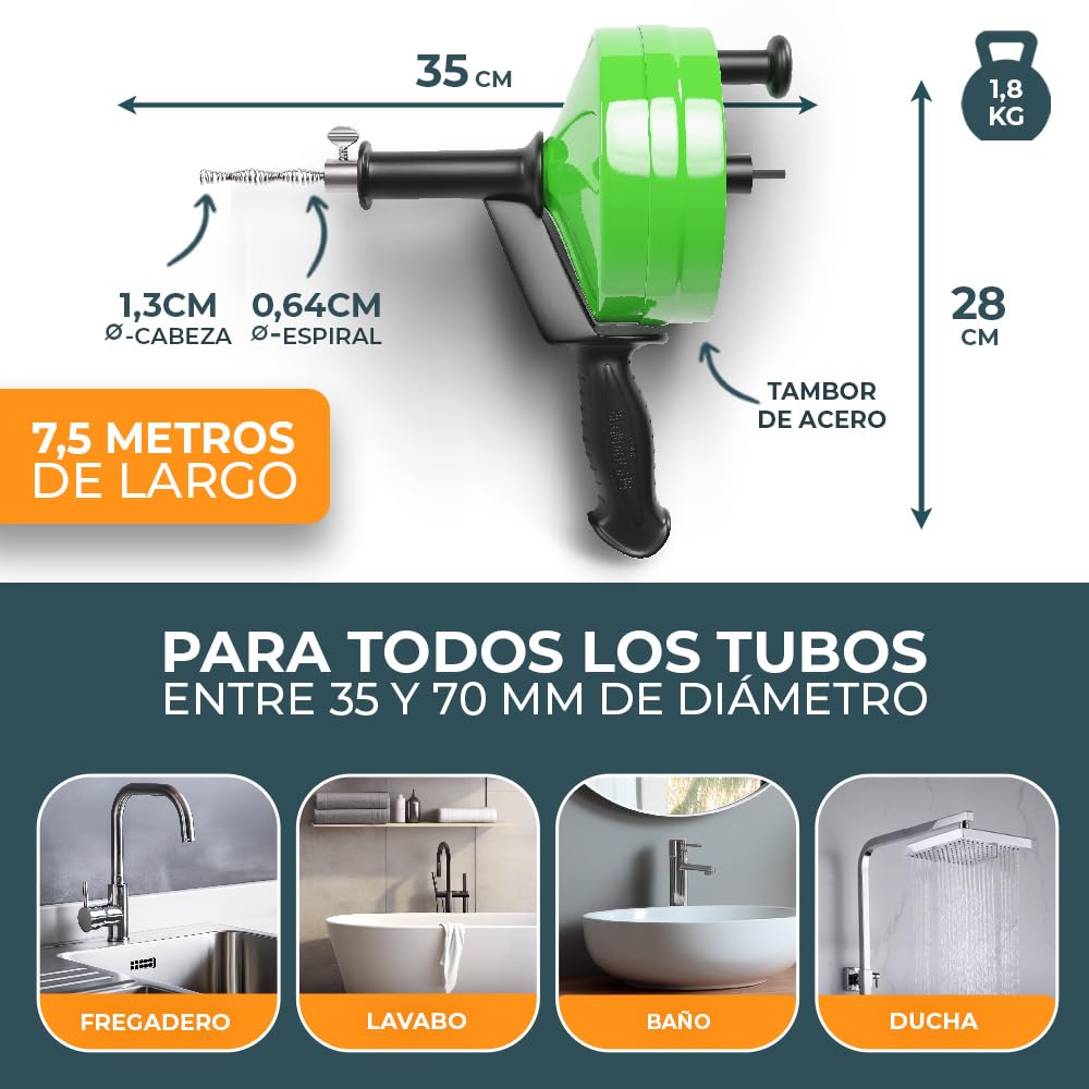 Meisterfaktur Espiral de limpieza de tuberías [7,5 metros] – con tambor de acero – Espiral de drenaje ideal para una limpieza de tuberías respetuosa con el medio ambiente