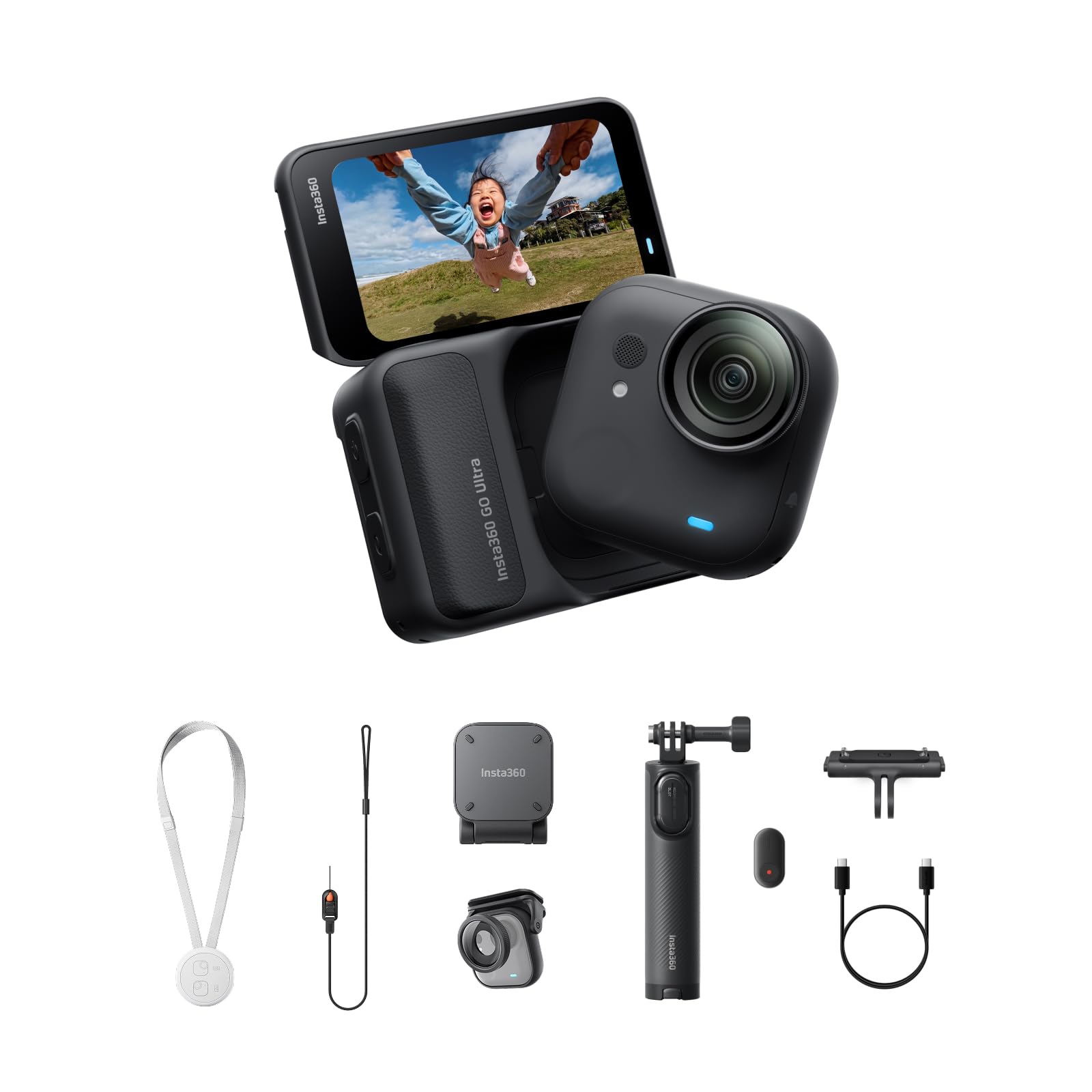 Insta360 GO Ultra Pack Famiglia Nero Notte- action cam mini 4K a mani libere, indossabile, superba in bassa luce, montala ovunque, stabilizzazione FlowState, 200 min di carica, impermeabile 10m
