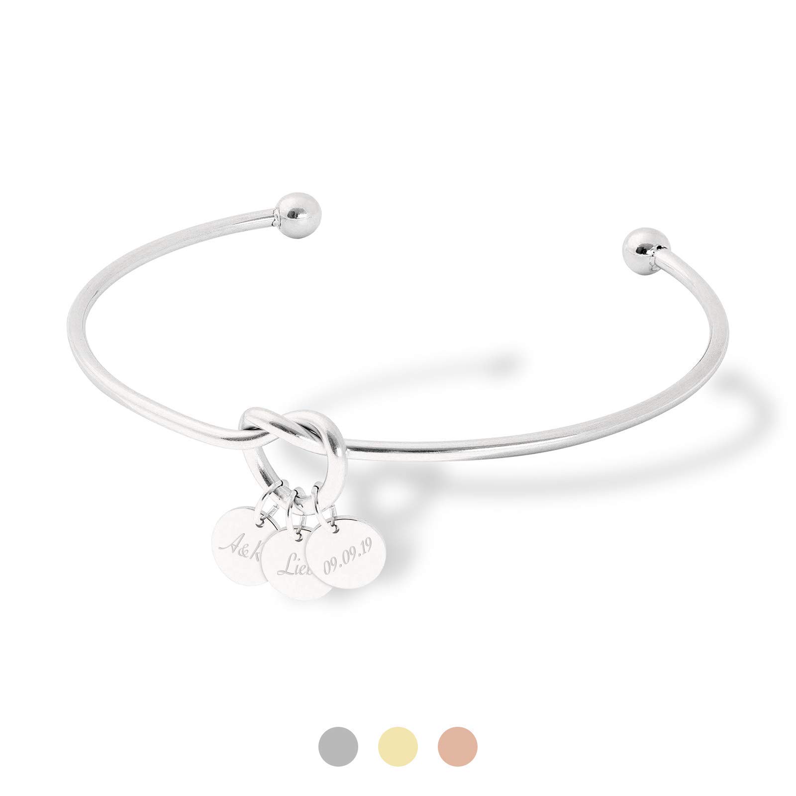 ELLA – Armreif Liebe Freundschaft Knoten mit Gravur | Drei Plättchen mit Namen | Personalisierte Geschenke für Frauen Freundinnen Geburtstag Valentinstag Jahrestag | Edelstahl | Silber, Gold, Rosé