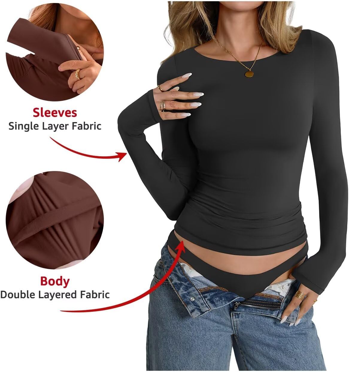 Womens Double Lined Long Sleeve Shirts Boat Neck Going Out Tops Trendy Slim Fitted Tees Basic Fall Outfits 2025 - Image 3