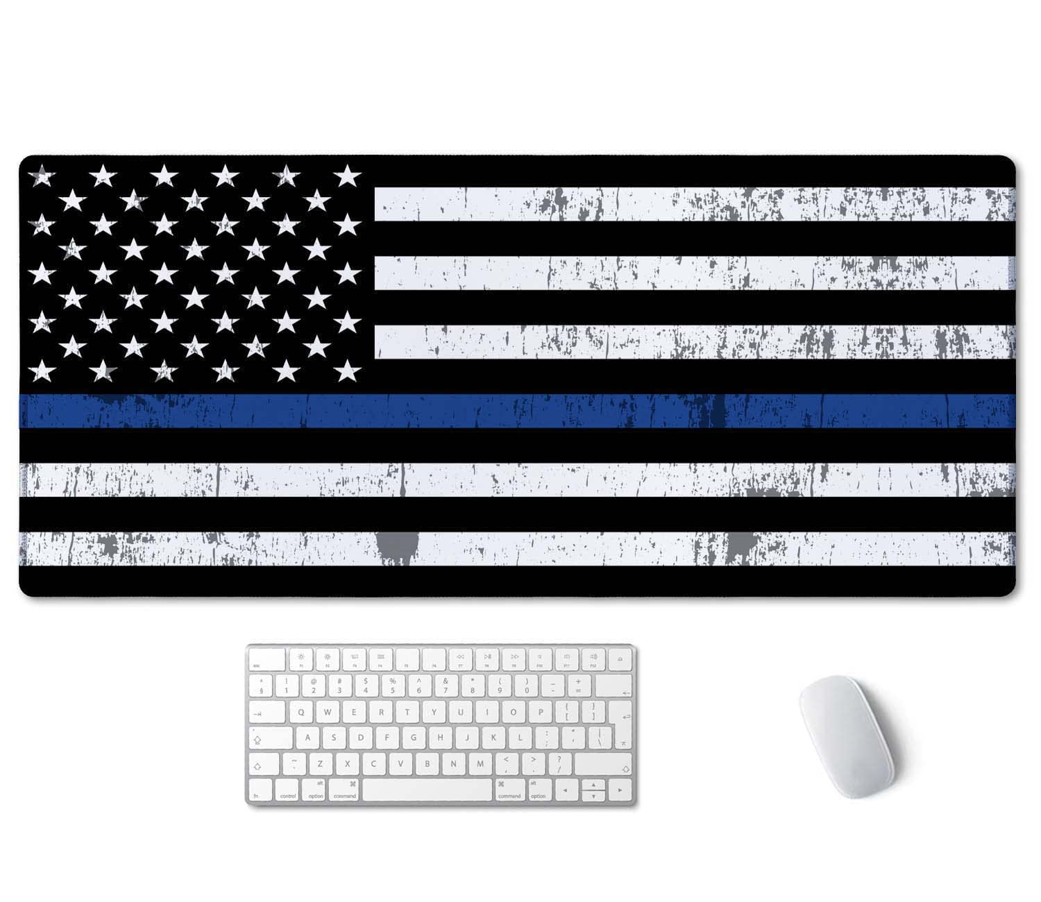 SSOIU Desk Mat, Extended Gaming Mouse Pad 35.5x15.7 in, Large Non-Slip Rubber Base Mousepad with Stitched Edges, Waterproof Keyboard Mouse Mat Desk Pad for Office, Home - Retro US Thin Blue Line Flag