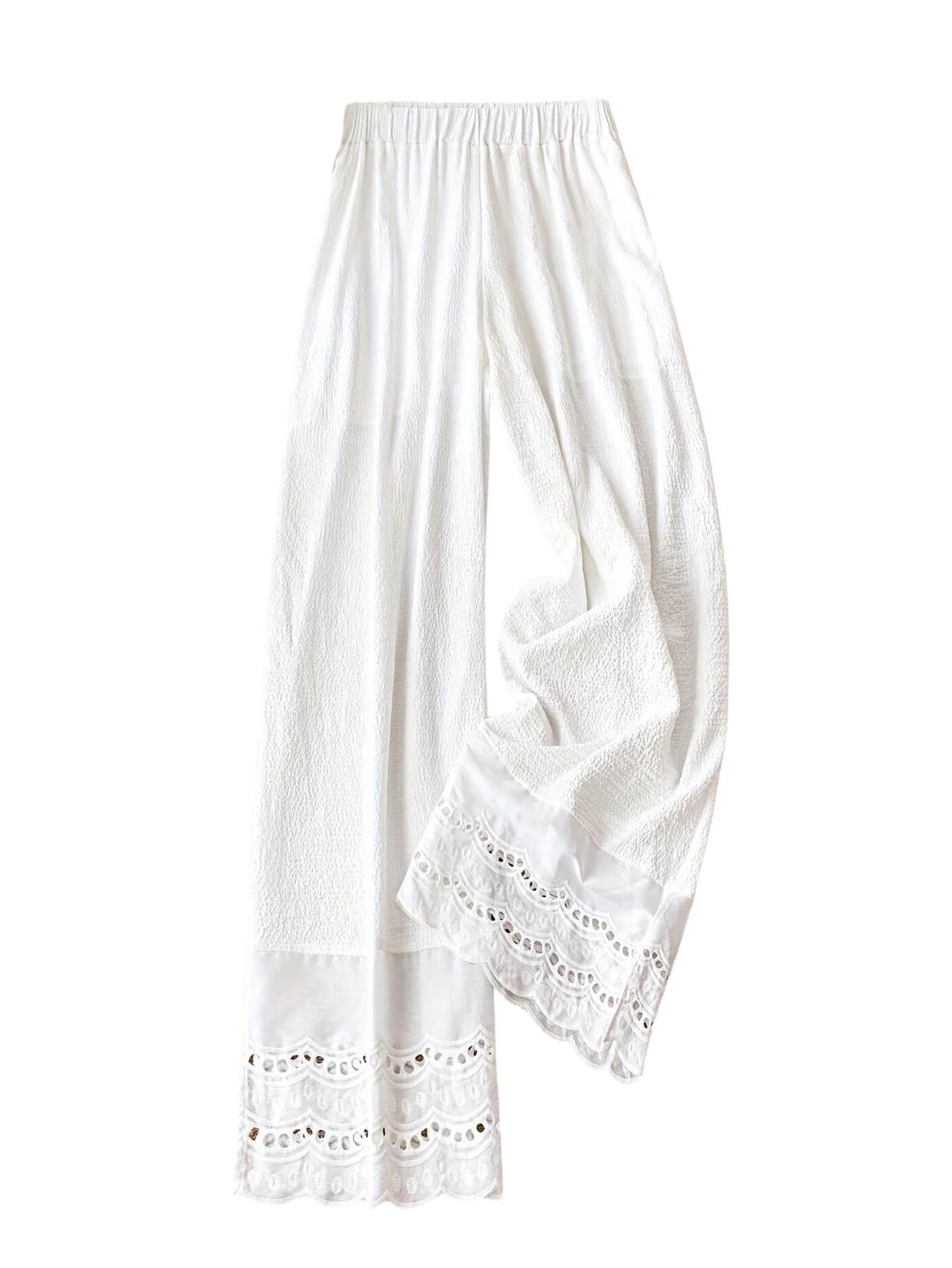 SHENHE Womens Summer Wide Leg Loose Pants Hollow Eyelet Elastic Waist Boho Vacation Trousers